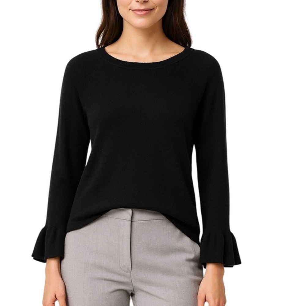 LOFT Black Ruffle‎ Sleeve Crew Neck Knit Sweater S Cottagecore Whimsigoth 57-11